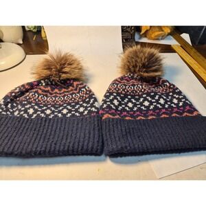 2 Winter Matching Toboggan Hats With Furry Pom Poms